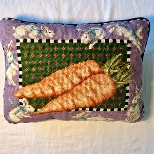 Through the Looking Glass Decorative Needlepoint Carrot Bunny Accent Pillow